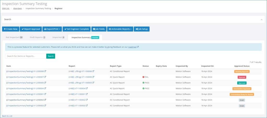 Inspection Summary example screen